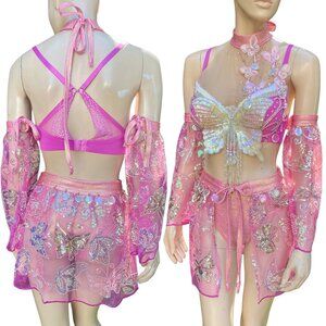 Pink Dancing Butterfly Goddess Fairy Festival Bra High Rise Bottom and Skirt